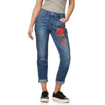Blue mid wash cropped embroidered rose jeans